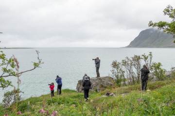 Valokuvaajien parveilua. Kellä sojotti kameran objektiivi minnekin suuntaan. Nusfjord.